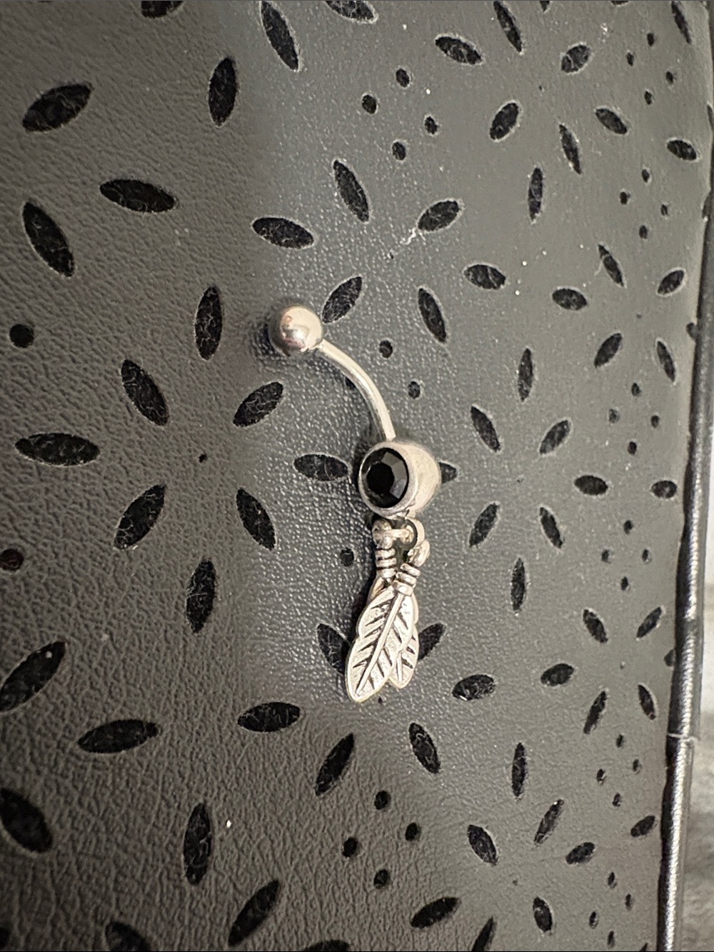 Silver Feather Dangle Belly Ring with Black Gem